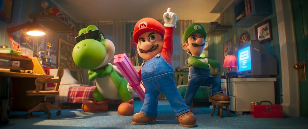Mario, wearing a red hat and overalls, stands confidently with one hand raised, flanked by Luigi in a green hat and overalls, and Yoshi holding a pink gift box, all set in a colorful animated bedroom.